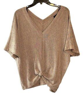 Daytrip Buckle Tan Ribbed Knit V Neck Knot Front Batwing Blouse Top Size Medium